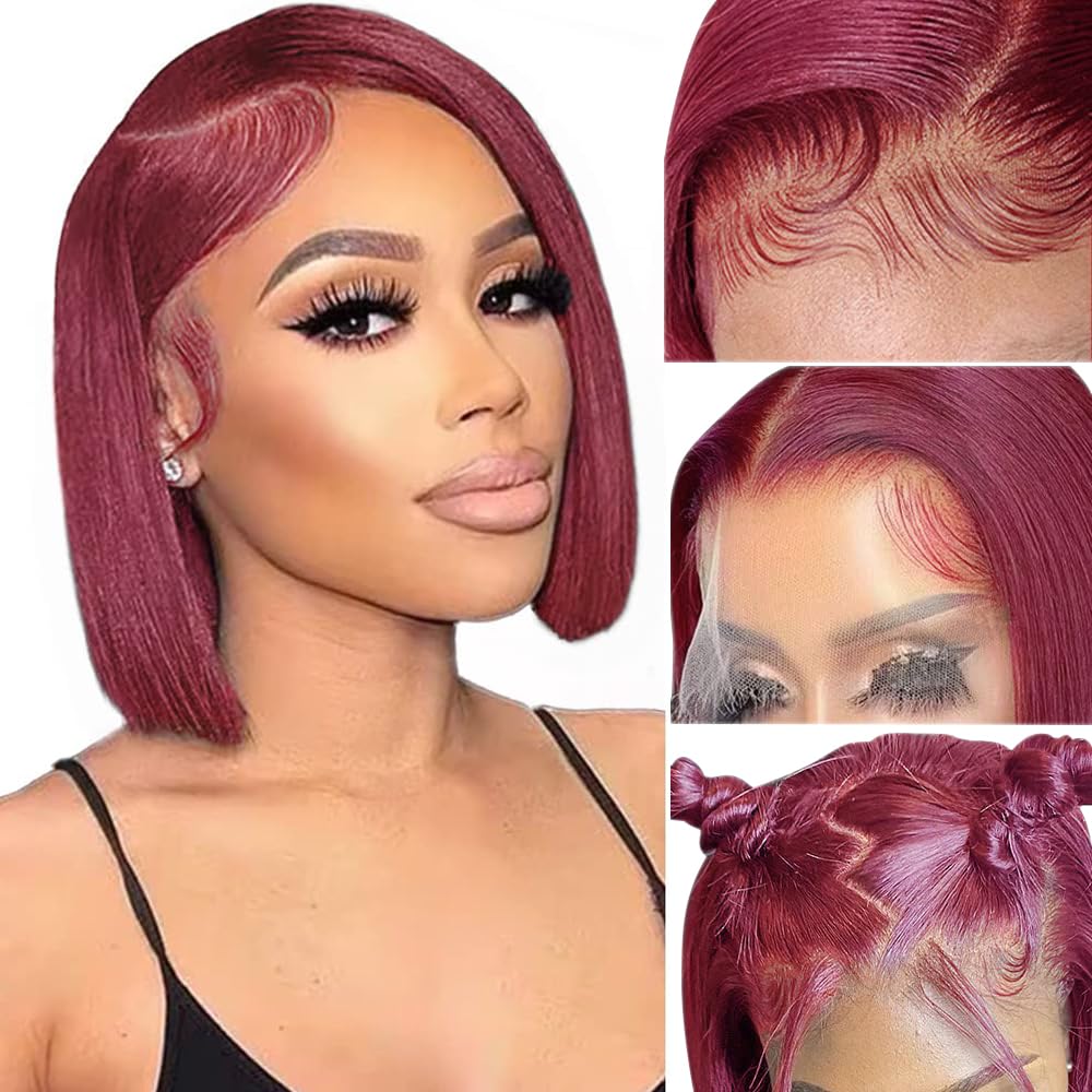 99J Burgundy Lace Front Wigs Human Hair Pre Plucked Bob Wig  13x4 HD Lace Frontal Glueless Straight Short Bob Wig Human Hair Bob Wigs For Black Women