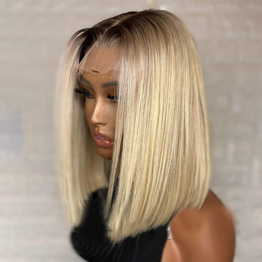 Bob Wig Soft Human Hair for Black Women Two Tone Silky Straight T Part 13x4 Bob Lace Front Wigs with Black Roots Ombre Color 1B/613 Lace Frontal