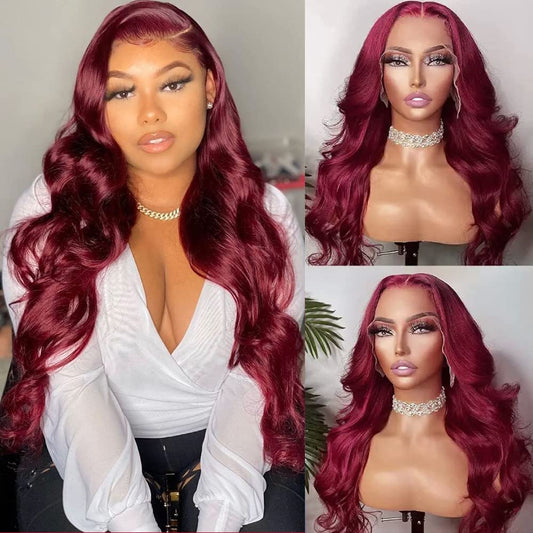 Burgundy Transparent Lace Frontal Human Hair Wigs  13X4 loose Wave Lace Front Wigs (18inch 99J)