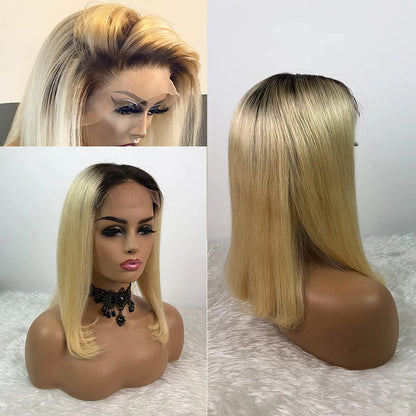 Bob Wig Soft Human Hair for Black Women Two Tone Silky Straight T Part 13x4 Bob Lace Front Wigs with Black Roots Ombre Color 1B/613 Lace Frontal