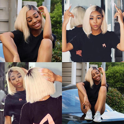 Bob Wig Soft Human Hair for Black Women Two Tone Silky Straight T Part 13x4 Bob Lace Front Wigs with Black Roots Ombre Color 1B/613 Lace Frontal