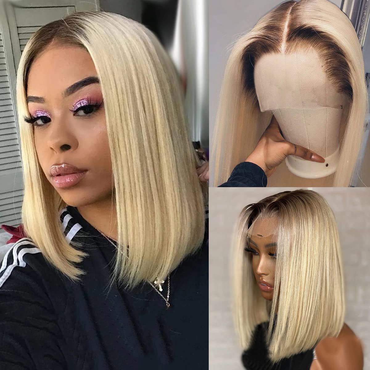 Bob Wig Soft Human Hair for Black Women Two Tone Silky Straight T Part 13x4 Bob Lace Front Wigs with Black Roots Ombre Color 1B/613 Lace Frontal