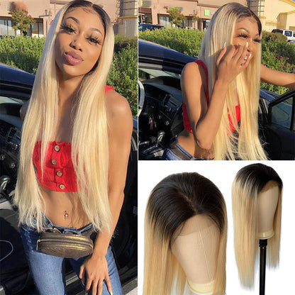 Bob Wig Soft Human Hair for Black Women Two Tone Silky Straight T Part 13x4 Bob Lace Front Wigs with Black Roots Ombre Color 1B/613 Lace Frontal