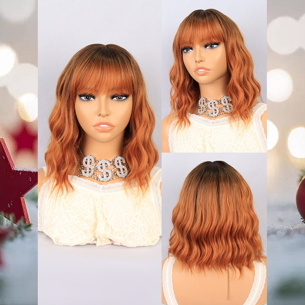 [S33]synthetic wavy wig with bangs ombre #350 color hair  shoulder length wigs for women cosplay hair wig