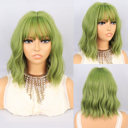 [S76]Synthetic wavy wig with bangs green color hair Wig