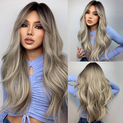 [s89]Synthetic hair long curly gray color with bangs hair wig