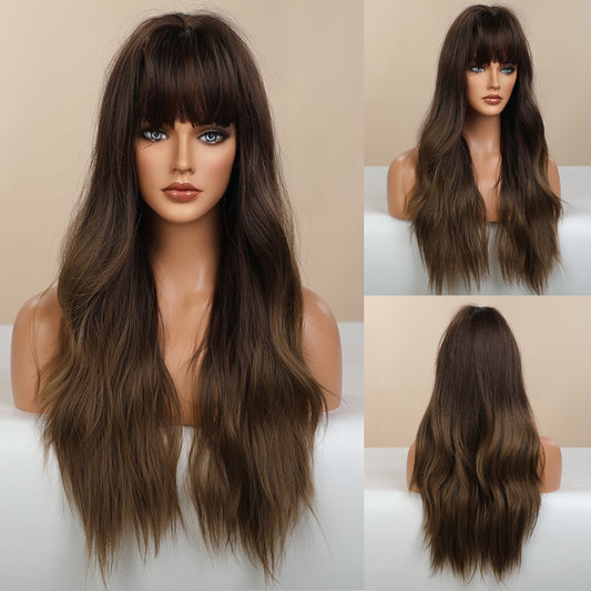 [s98]Sybthetic hair long straight with bangs brown hair wig