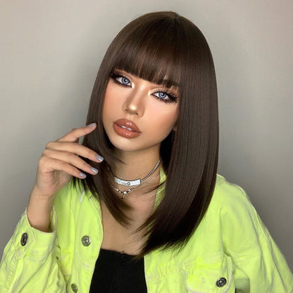 [s92]Sybthetic hair short straight with bangs bob brown hair wig