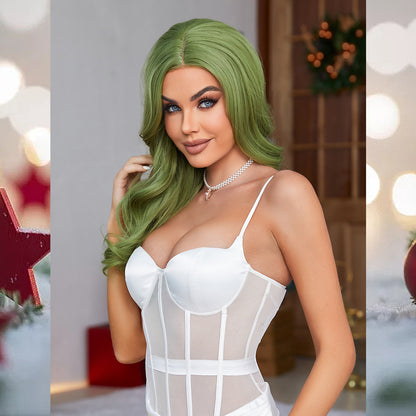 [S43]synthetic curly hair green color long hair wig