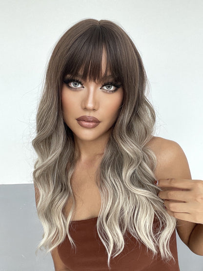 [s88]Synthetic hair long curly gradual change gray color with bangs hair wig