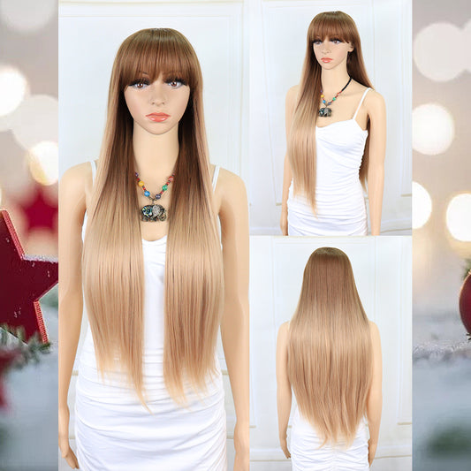 [S30]synthetic hair straight with bang light brown color  long hair wig