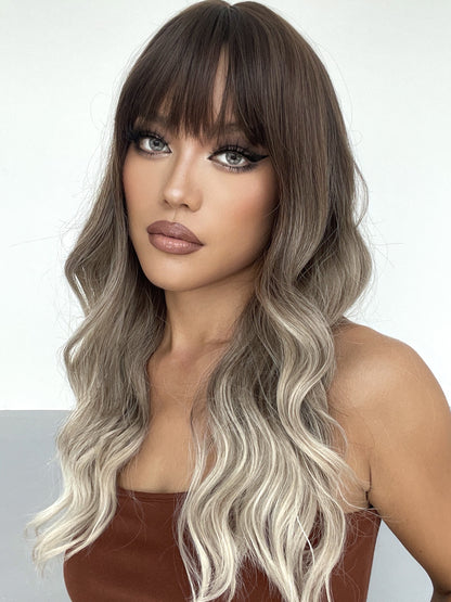 [s88]Synthetic hair long curly gradual change gray color with bangs hair wig