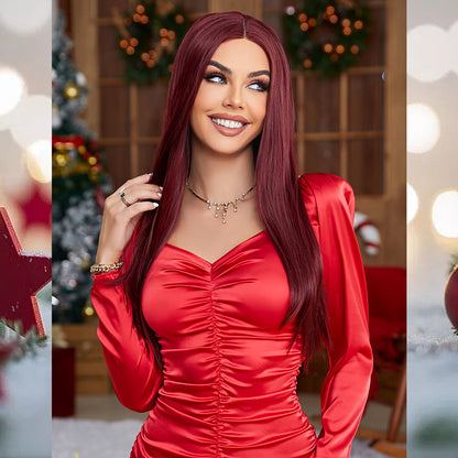 [S41]synthetic hair straight 99J RED color long hair wig