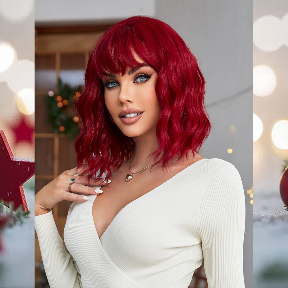 [S39]synthetic wavy wig with bangs  red color hair  shoulder length wigs for women cosplay hair wig