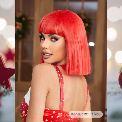 [S42]synthetic hair with bangs straight bob RED color short hair wig