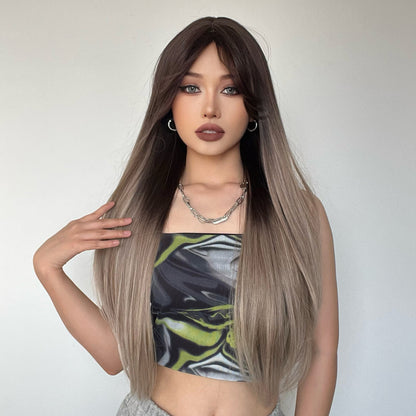 [s87]Sybthetic hair long straight light gray hair wig