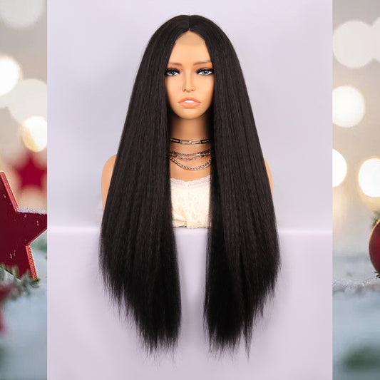 [S35]synthetic hair yaki straight black color long hair wig