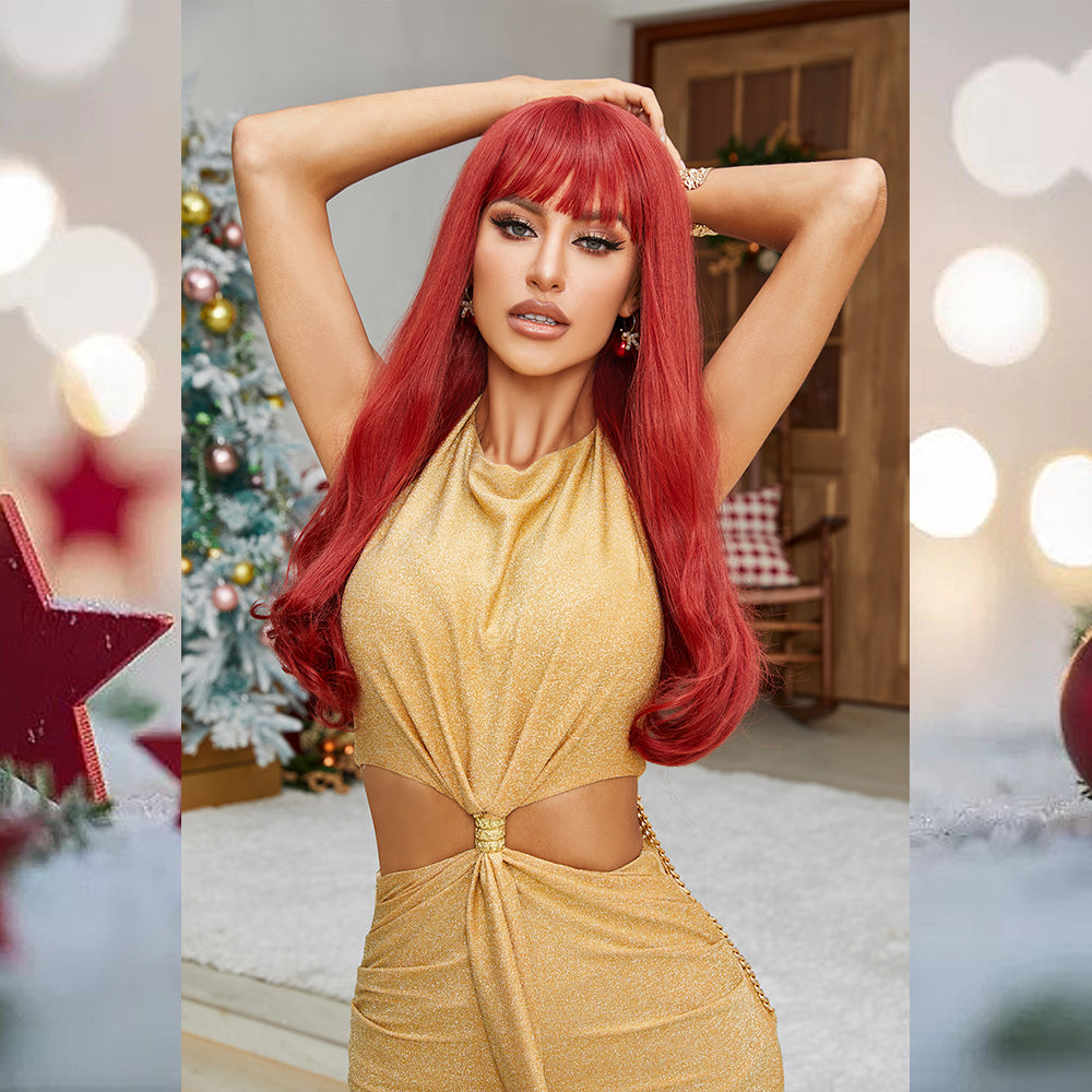 [S31]synthetic hair straight with bang red color  long hair wig