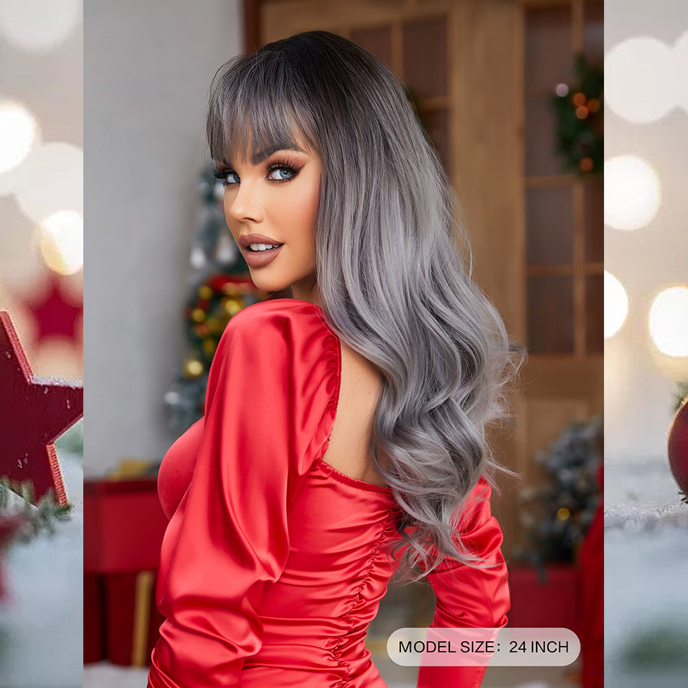 [S46]synthetic wave hair gray color long hair wig