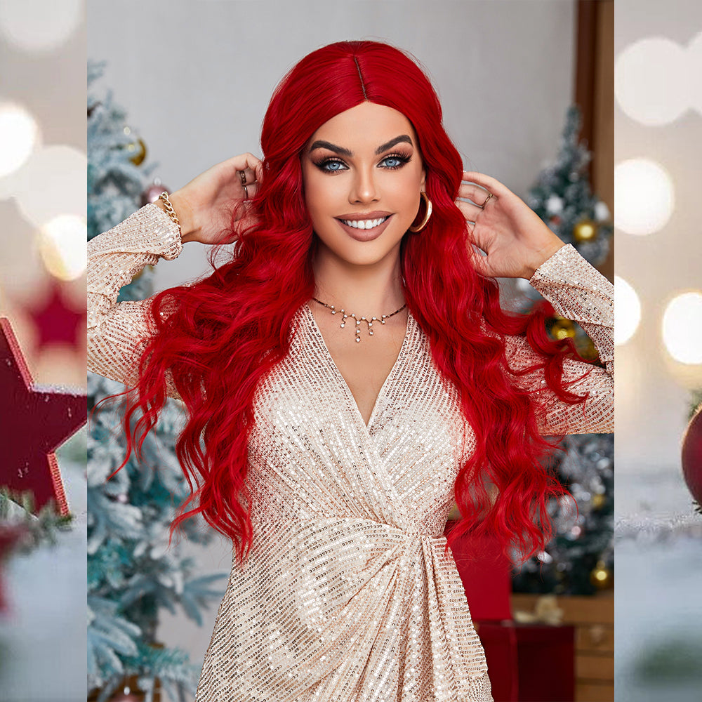 [S45]synthetic wave hair RED color long hair wig