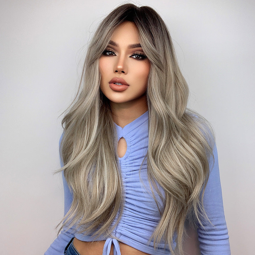 [s89]Synthetic hair long curly gray color with bangs hair wig