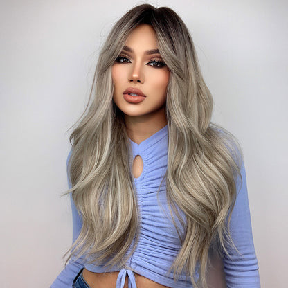 [s89]Synthetic hair long curly gray color with bangs hair wig