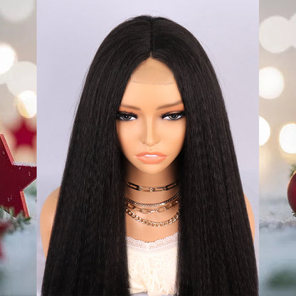 [S35]synthetic hair yaki straight black color long hair wig