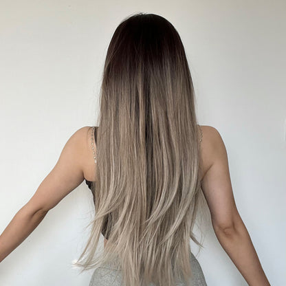 [s87]Sybthetic hair long straight light gray hair wig