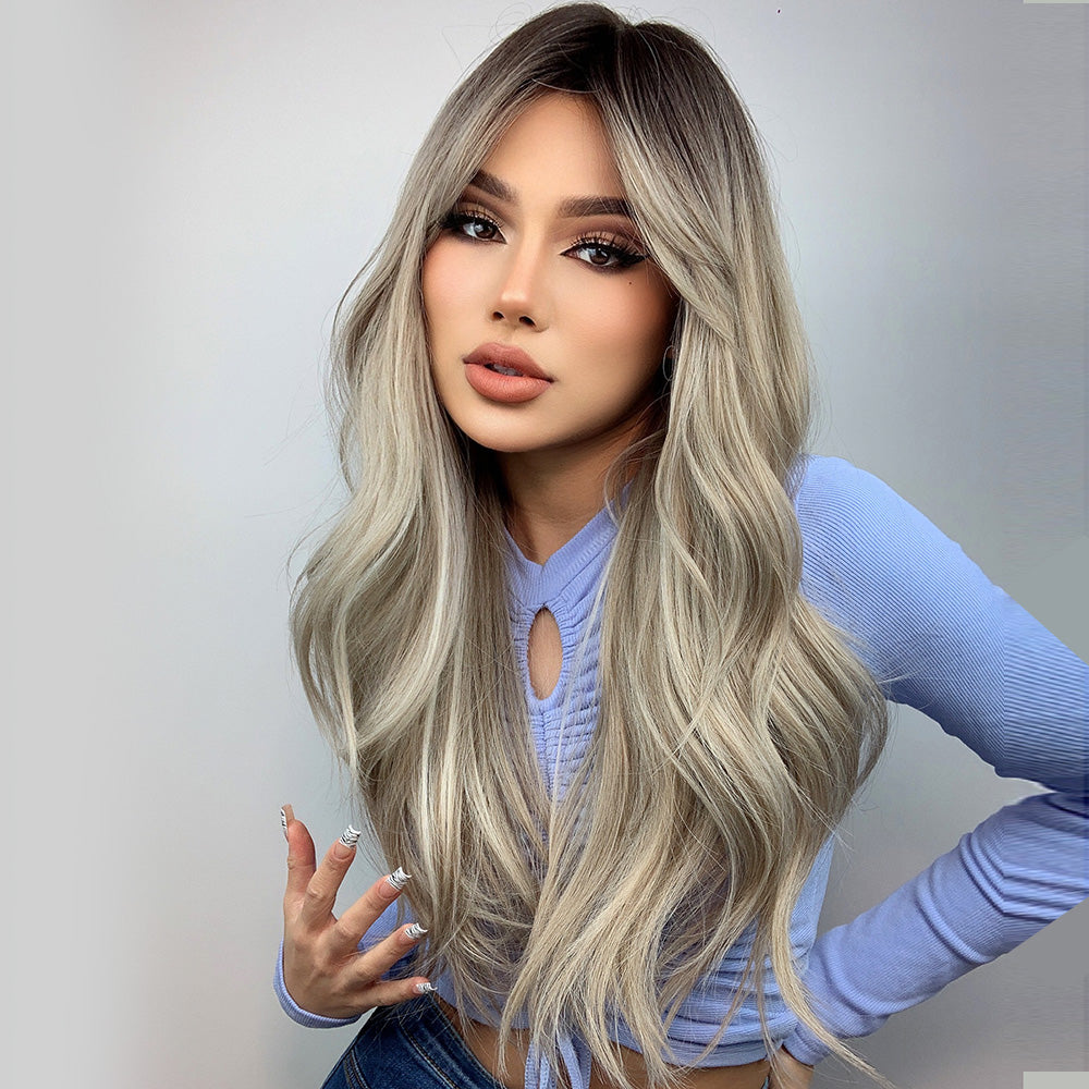 [s89]Synthetic hair long curly gray color with bangs hair wig