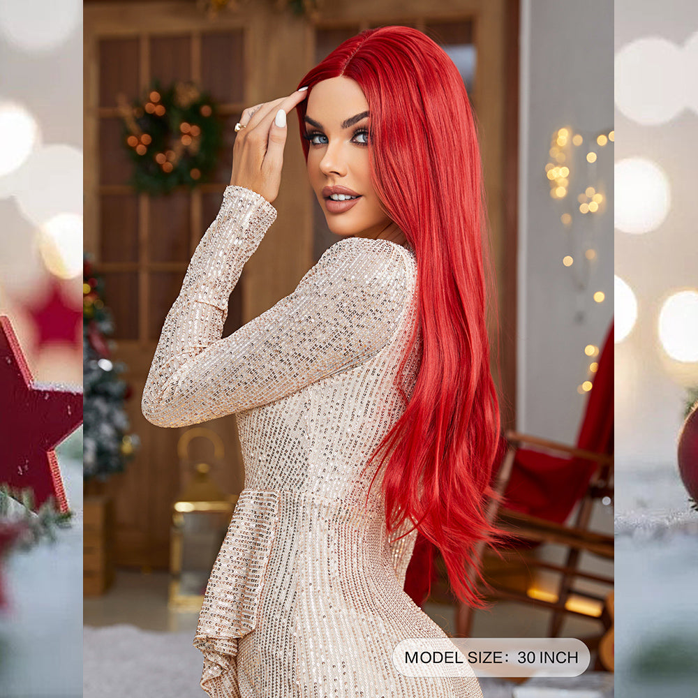 [S44]synthetic hair straight RED color long hair wig