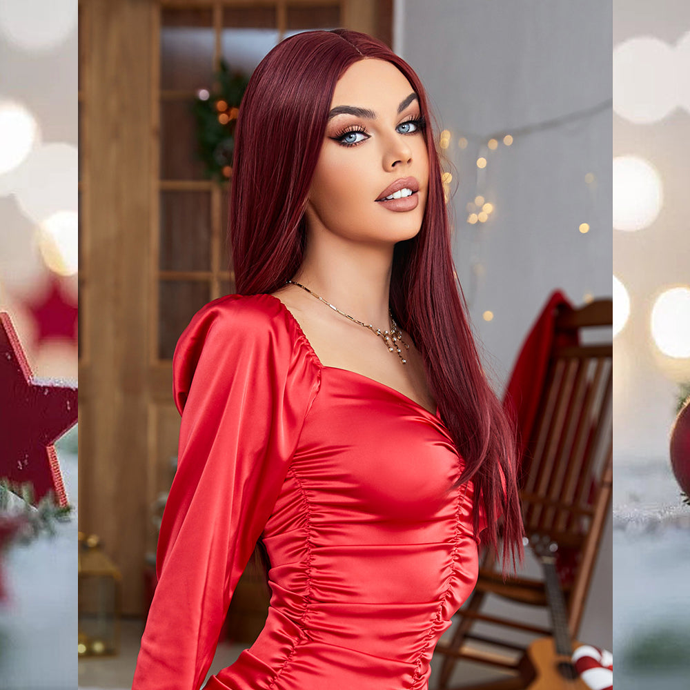 [S41]synthetic hair straight 99J RED color long hair wig