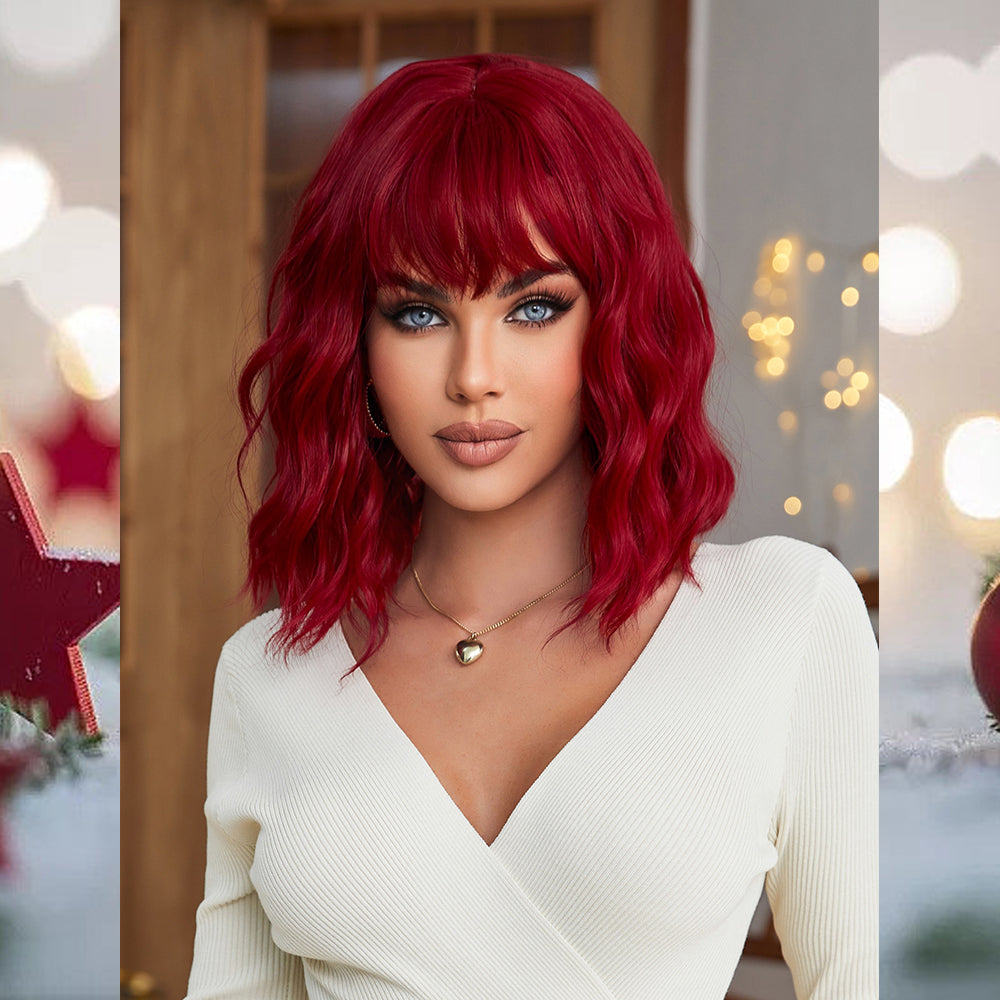 [S39]synthetic wavy wig with bangs  red color hair  shoulder length wigs for women cosplay hair wig