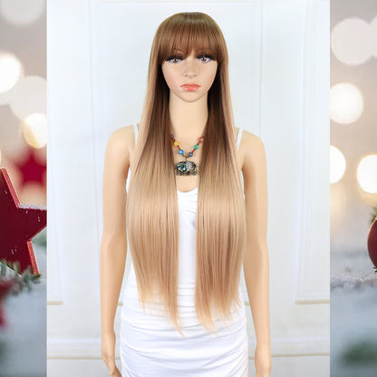 [S30]synthetic hair straight with bang light brown color  long hair wig