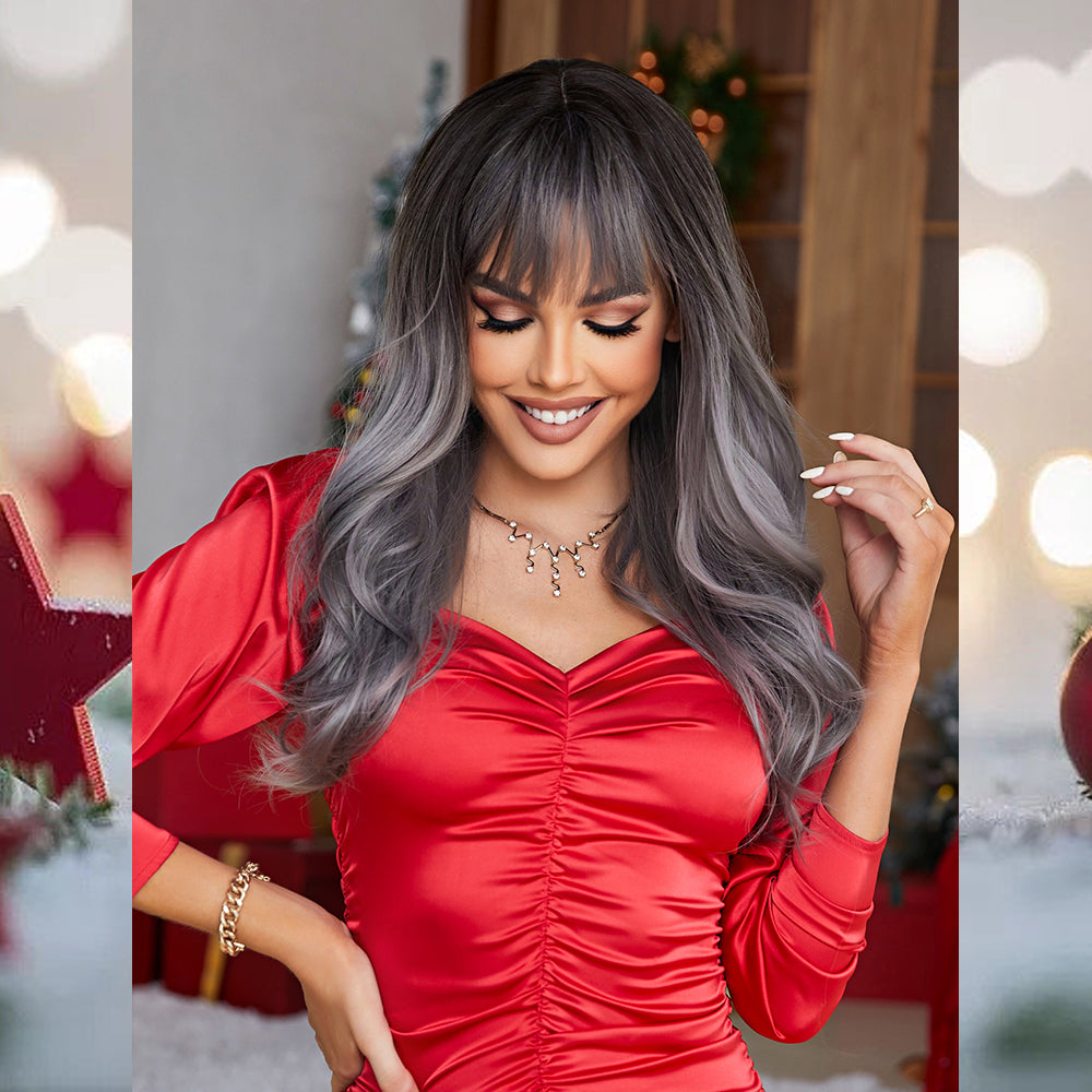 [S46]synthetic wave hair gray color long hair wig