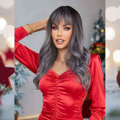 [S46]synthetic wave hair gray color long hair wig