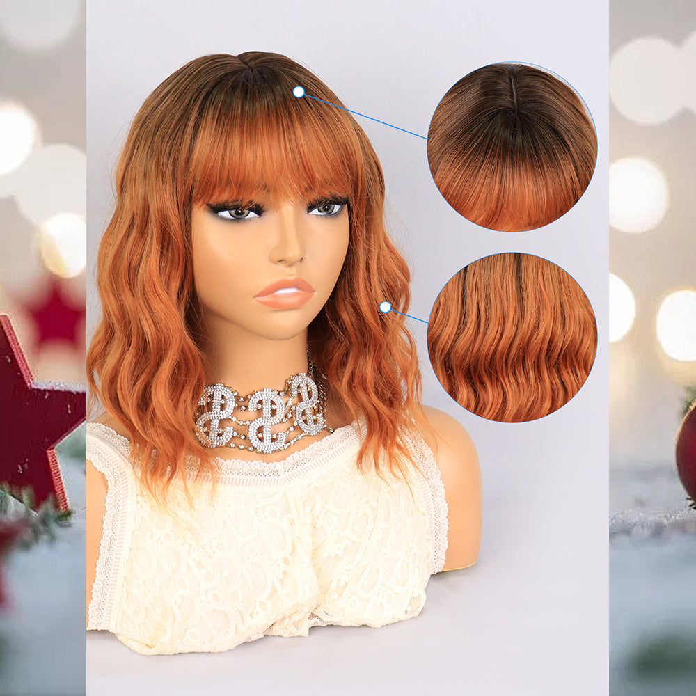 [S33]synthetic wavy wig with bangs ombre #350 color hair  shoulder length wigs for women cosplay hair wig