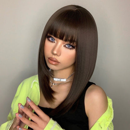 [s92]Sybthetic hair short straight with bangs bob brown hair wig