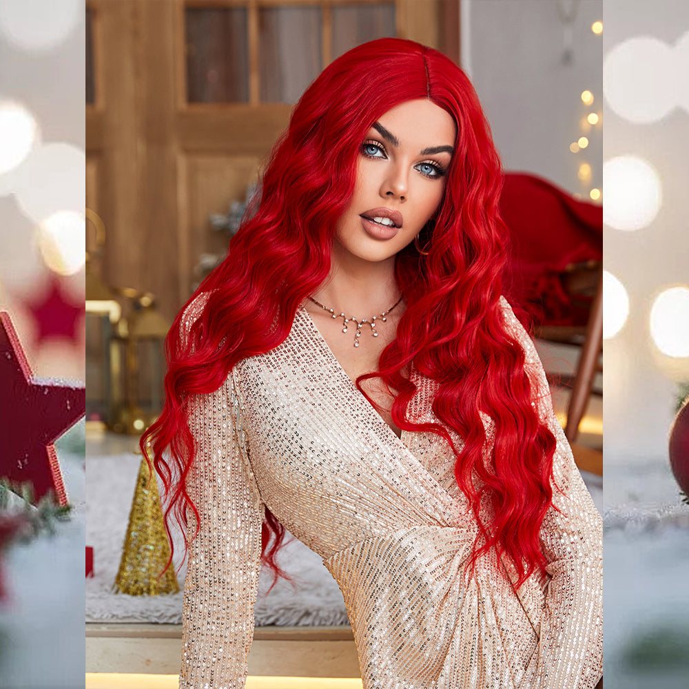 [S45]synthetic wave hair RED color long hair wig