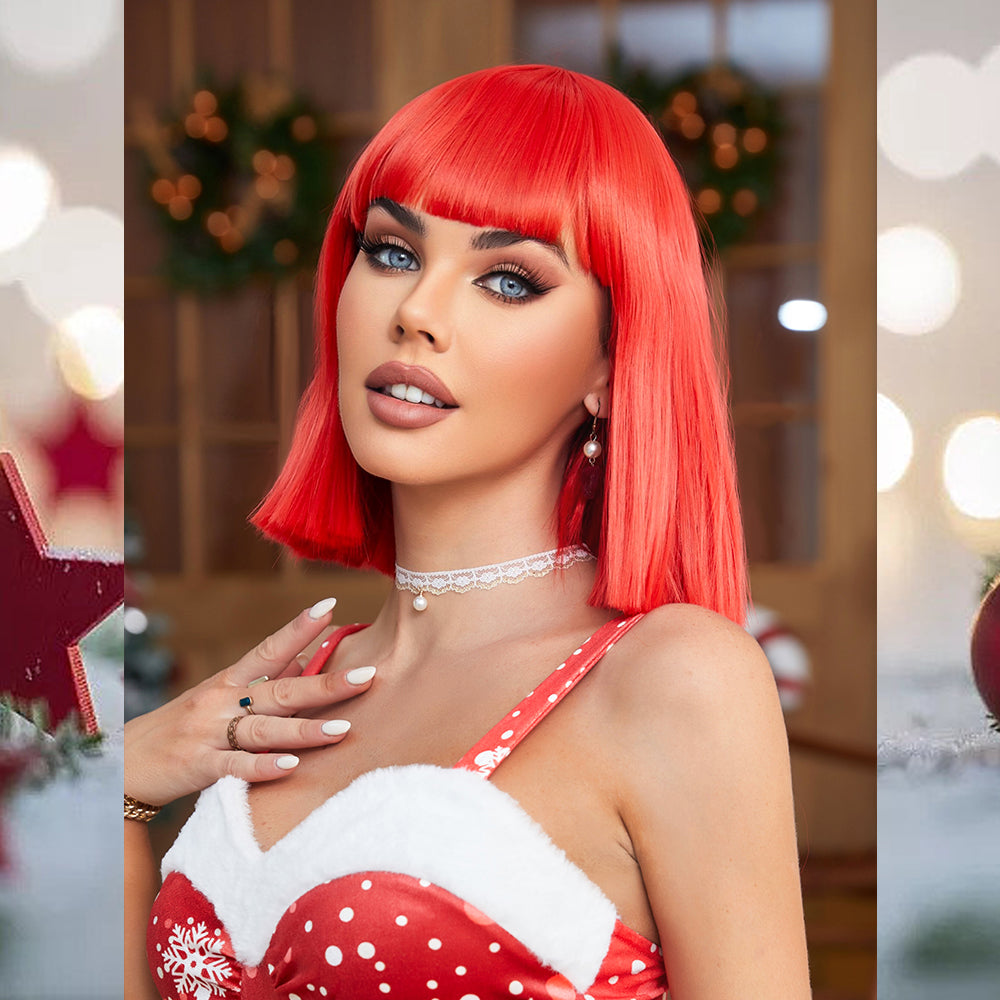 [S42]synthetic hair with bangs straight bob RED color short hair wig