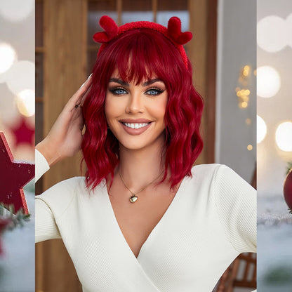 [S39]synthetic wavy wig with bangs  red color hair  shoulder length wigs for women cosplay hair wig