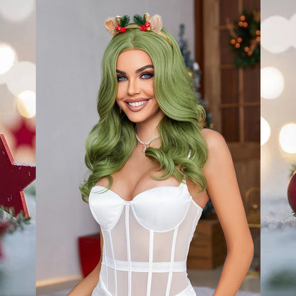 [S43]synthetic curly hair green color long hair wig