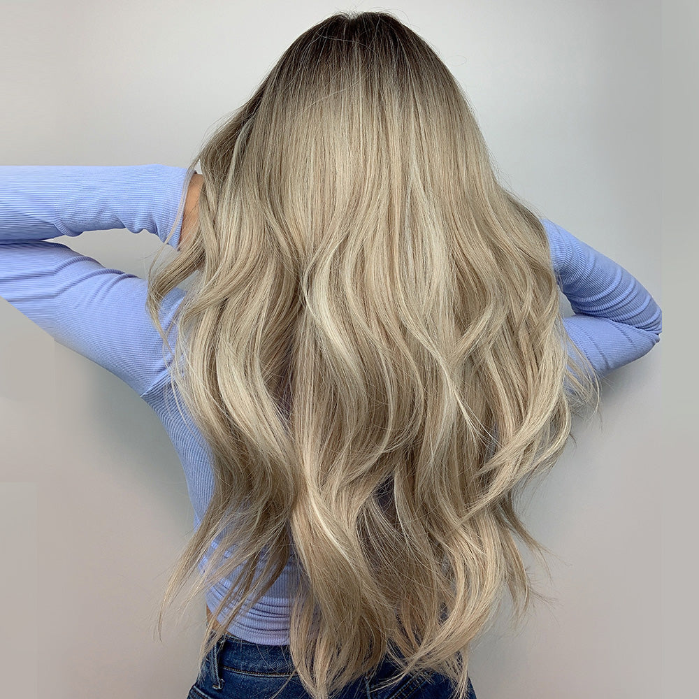 [s89]Synthetic hair long curly gray color with bangs hair wig