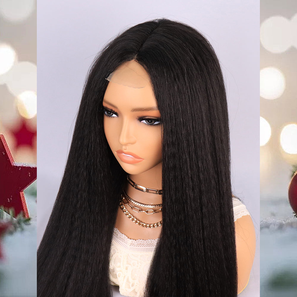 [S35]synthetic hair yaki straight black color long hair wig