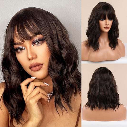 [S83]Synthetic wavy wig with bangs ombre Dark Brown color hair Wig