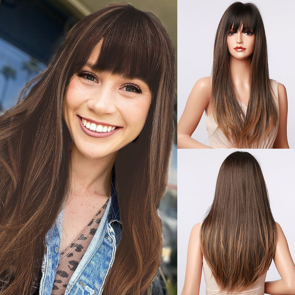 [s93]Sybthetic hair long straight with bangs brown hair wig