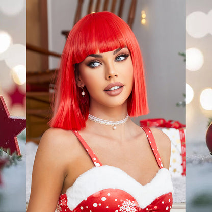 [S42]synthetic hair with bangs straight bob RED color short hair wig