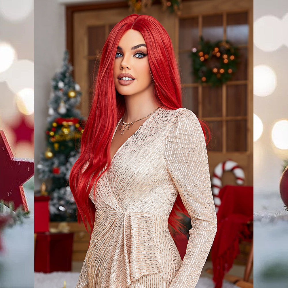 [S44]synthetic hair straight RED color long hair wig