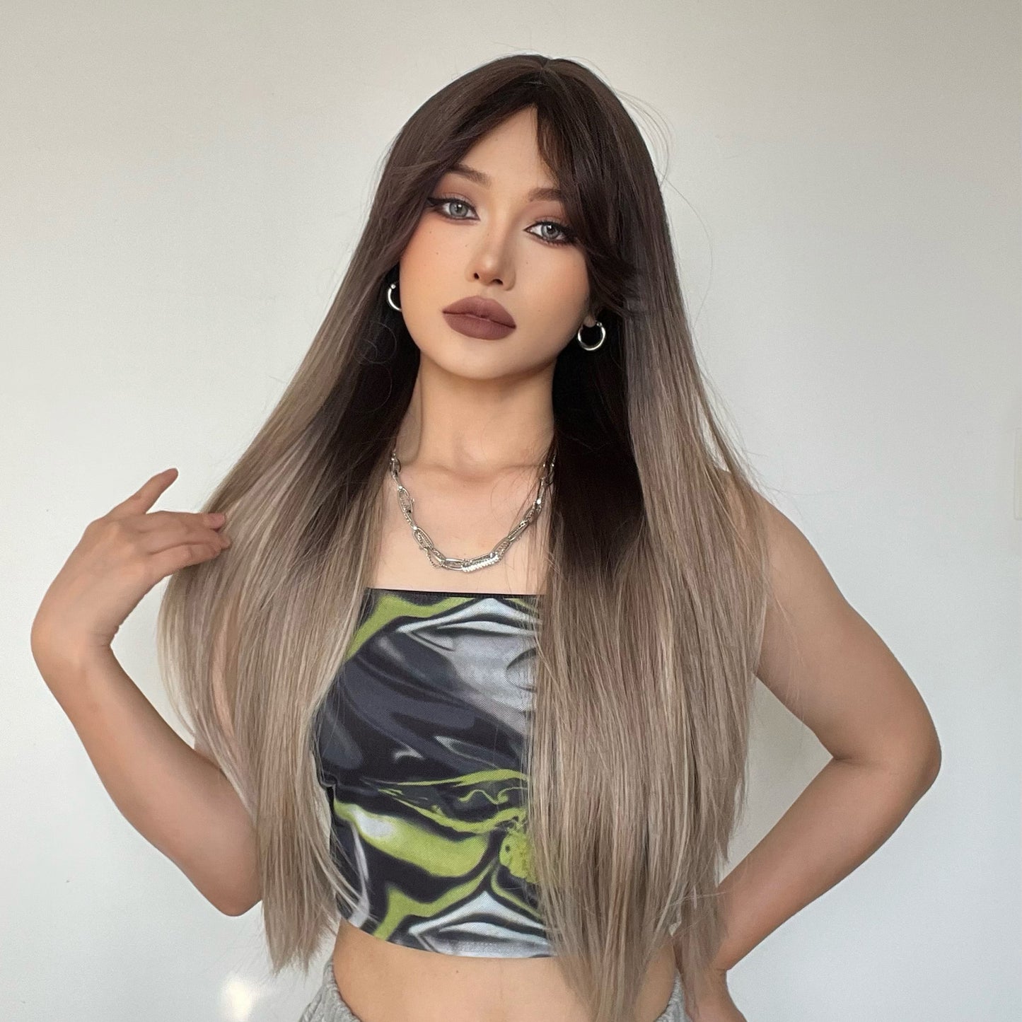 [s87]Sybthetic hair long straight light gray hair wig