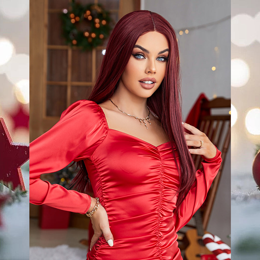 [S41]synthetic hair straight 99J RED color long hair wig