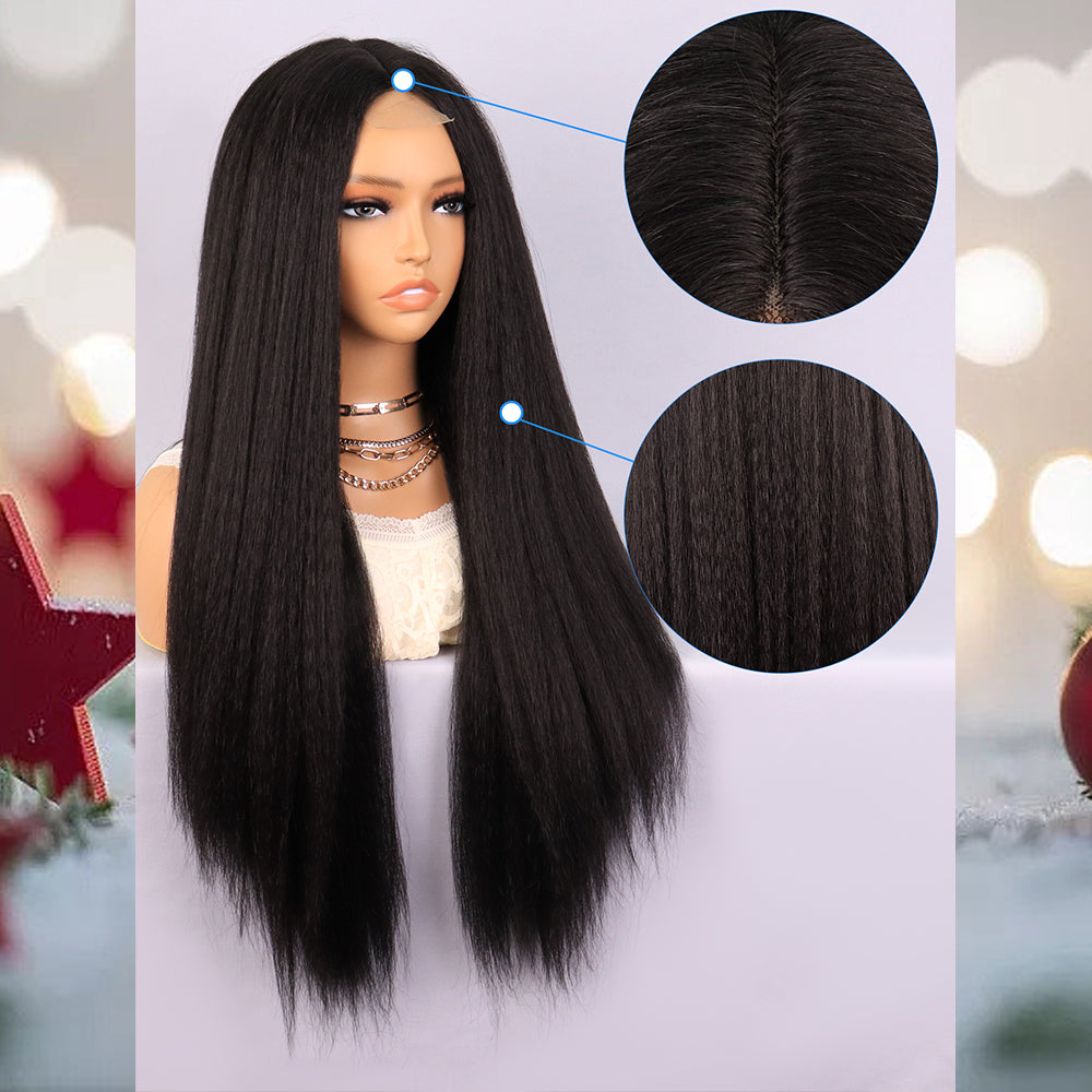 [S35]synthetic hair yaki straight black color long hair wig